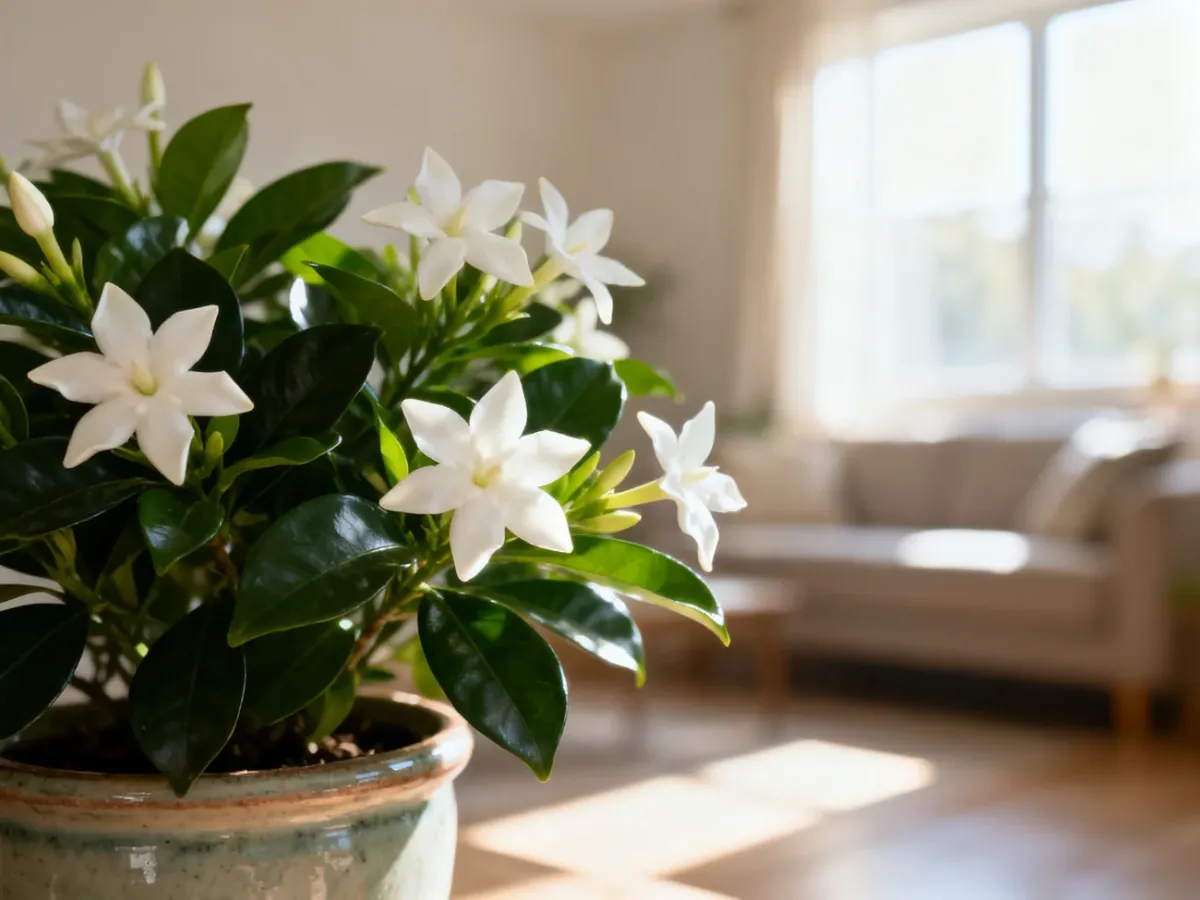 Kwitnący stephanotis z białymi kwiatami i ciemnozielonymi liśćmi w ceramicznej doniczce w słonecznym salonie.