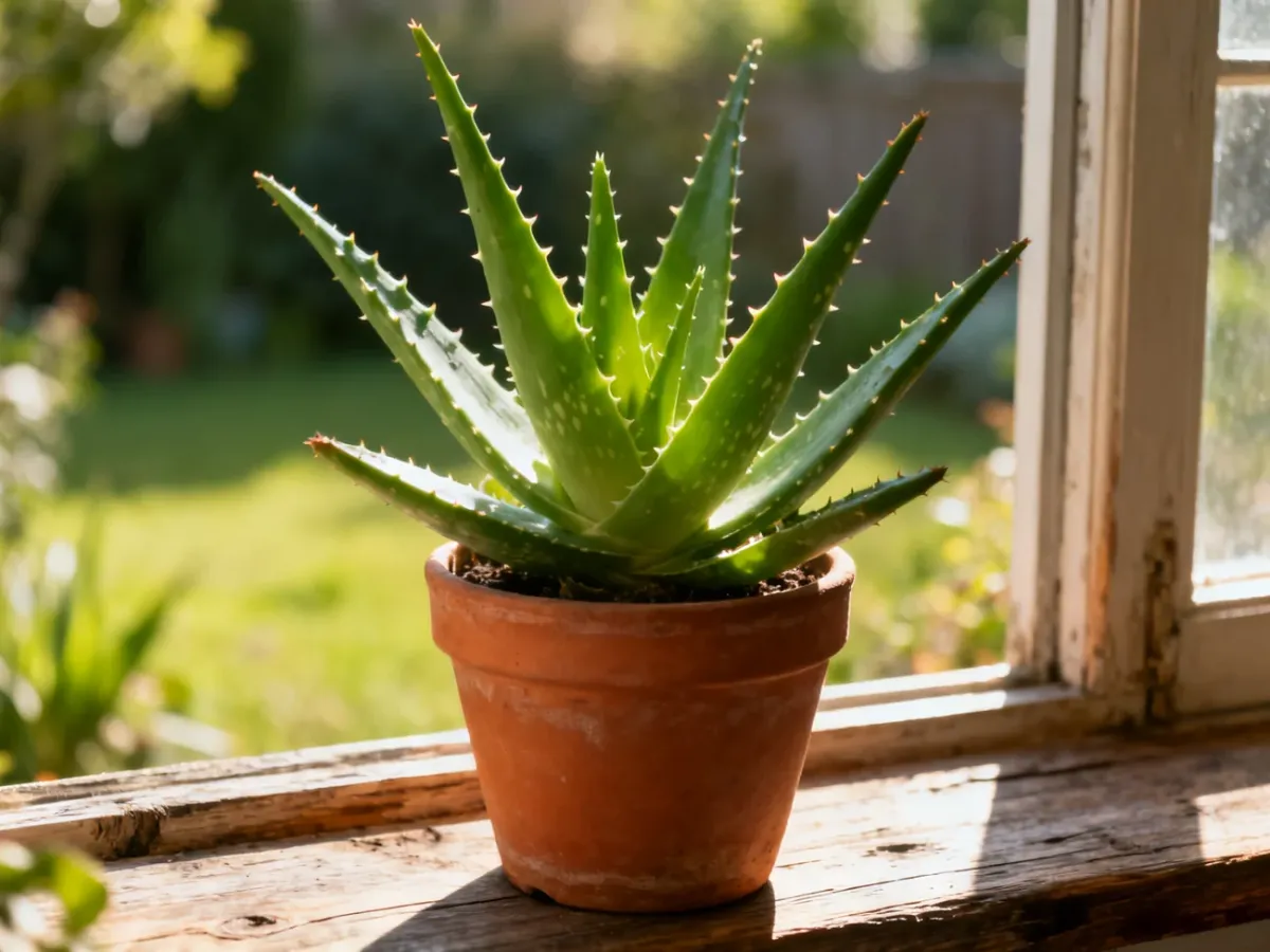 Zdrowy aloes w terakotowej doniczce na drewnianym parapecie, oświetlony porannym słońcem.