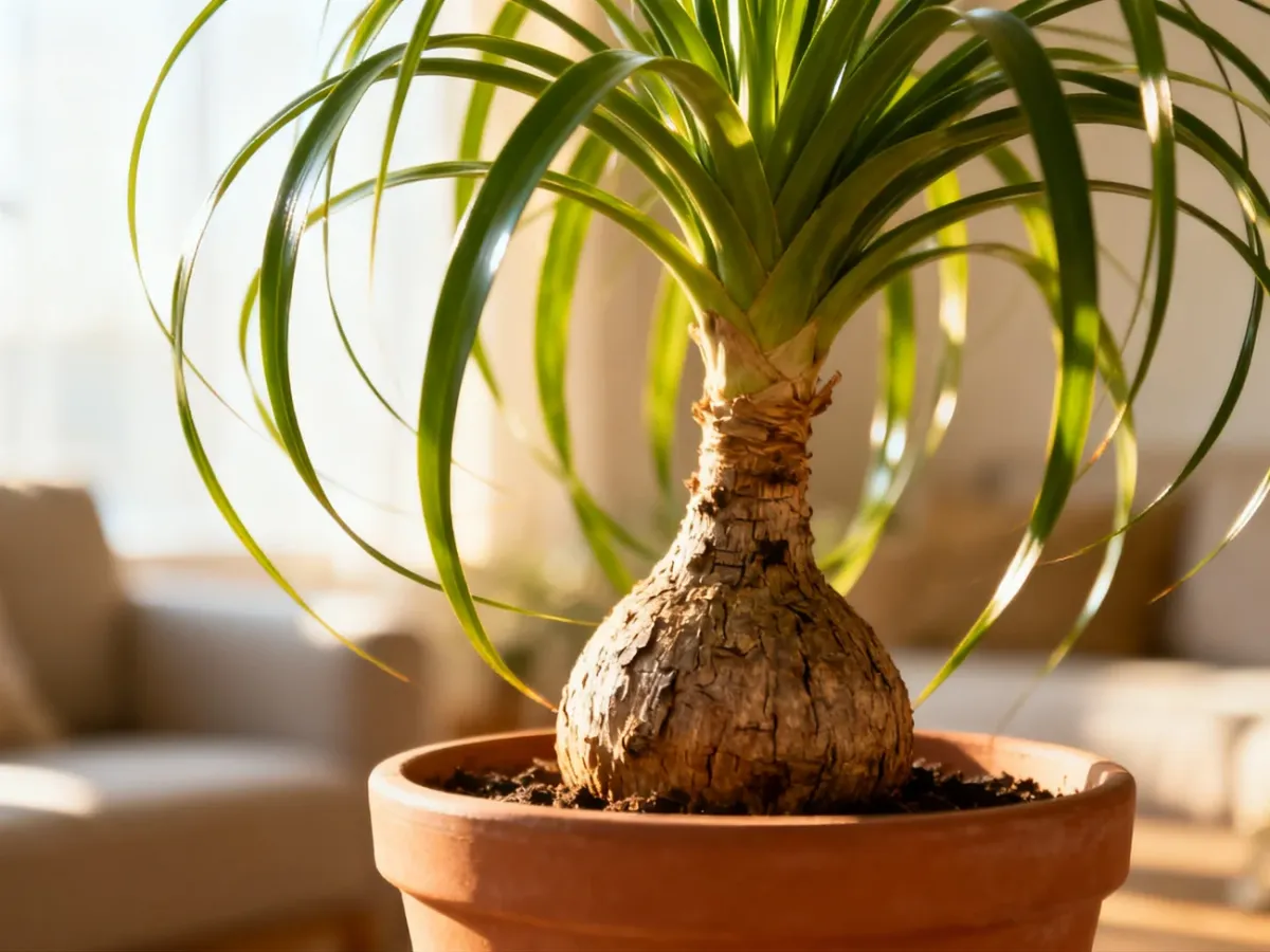 Zdrowa noga słonia (Beaucarnea recurvata) w terakotowej doniczce, ukazująca charakterystyczną zgrubiałą łodygę i długie liście.