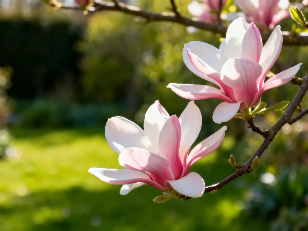 Gałąź magnolii z rozkwitniętymi różowo-białymi kwiatami w wiosennym słońcu.