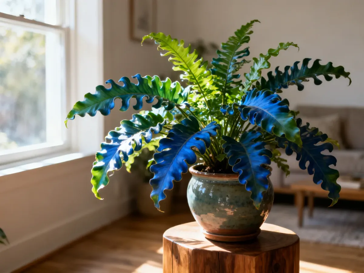 Bujna paproć Phlebodium aureum o niebiesko-zielonych liściach w ceramicznej donicy na drewnianym postumencie.