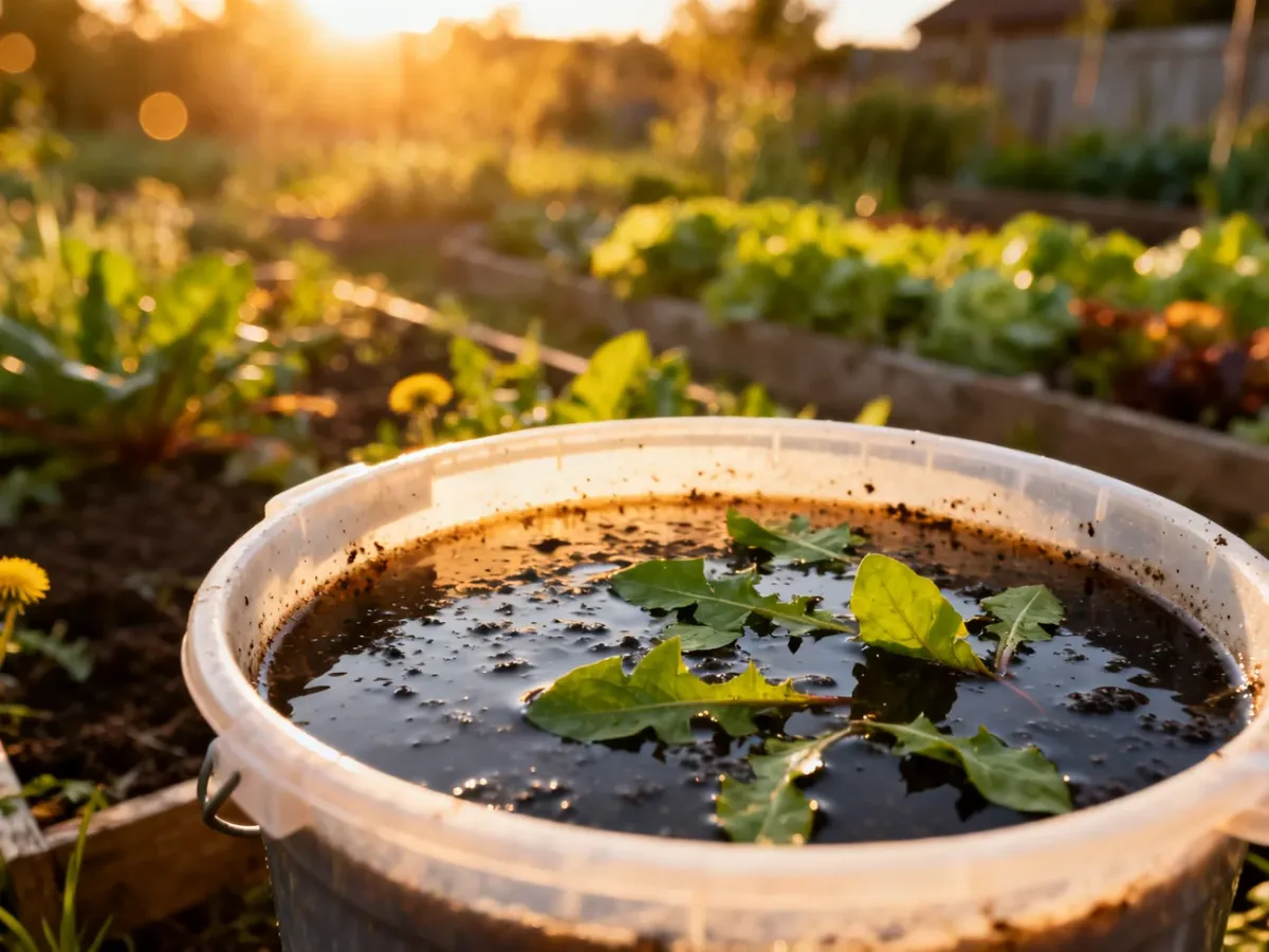 Plastikowe wiadro z fermentującą gnojówką z mniszka lekarskiego w ogrodzie, gotową do nawożenia roślin.