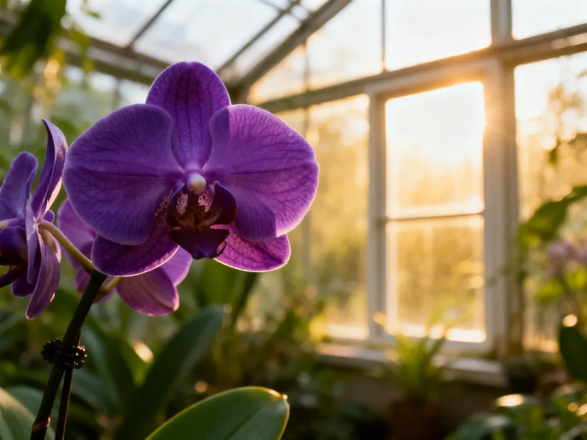 Kwitnący storczyk Phalaenopsis o fioletowych płatkach w słonecznym, jasnym wnętrzu.