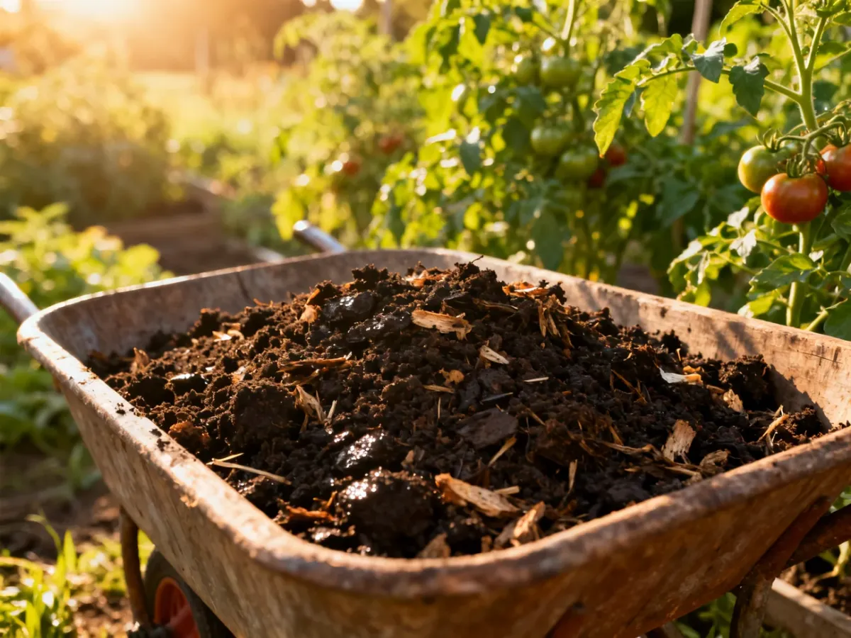 Wysokiej jakości nawóz organiczny w drewnianej taczce na tle krzaków pomidorów w słonecznym ogrodzie.