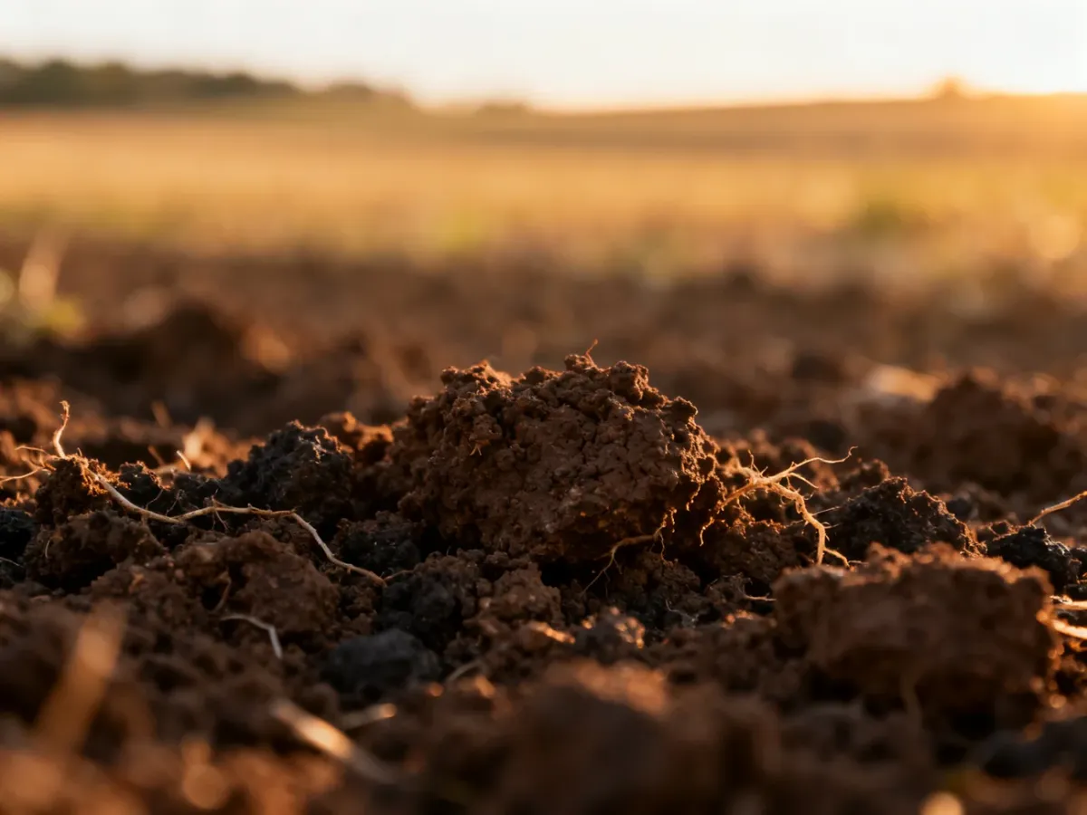 Zbliżenie na żyzną, ciemną glebę bogatą w próchnicę, podkreślające jej gruzełkowatą strukturę i organiczne składniki.
